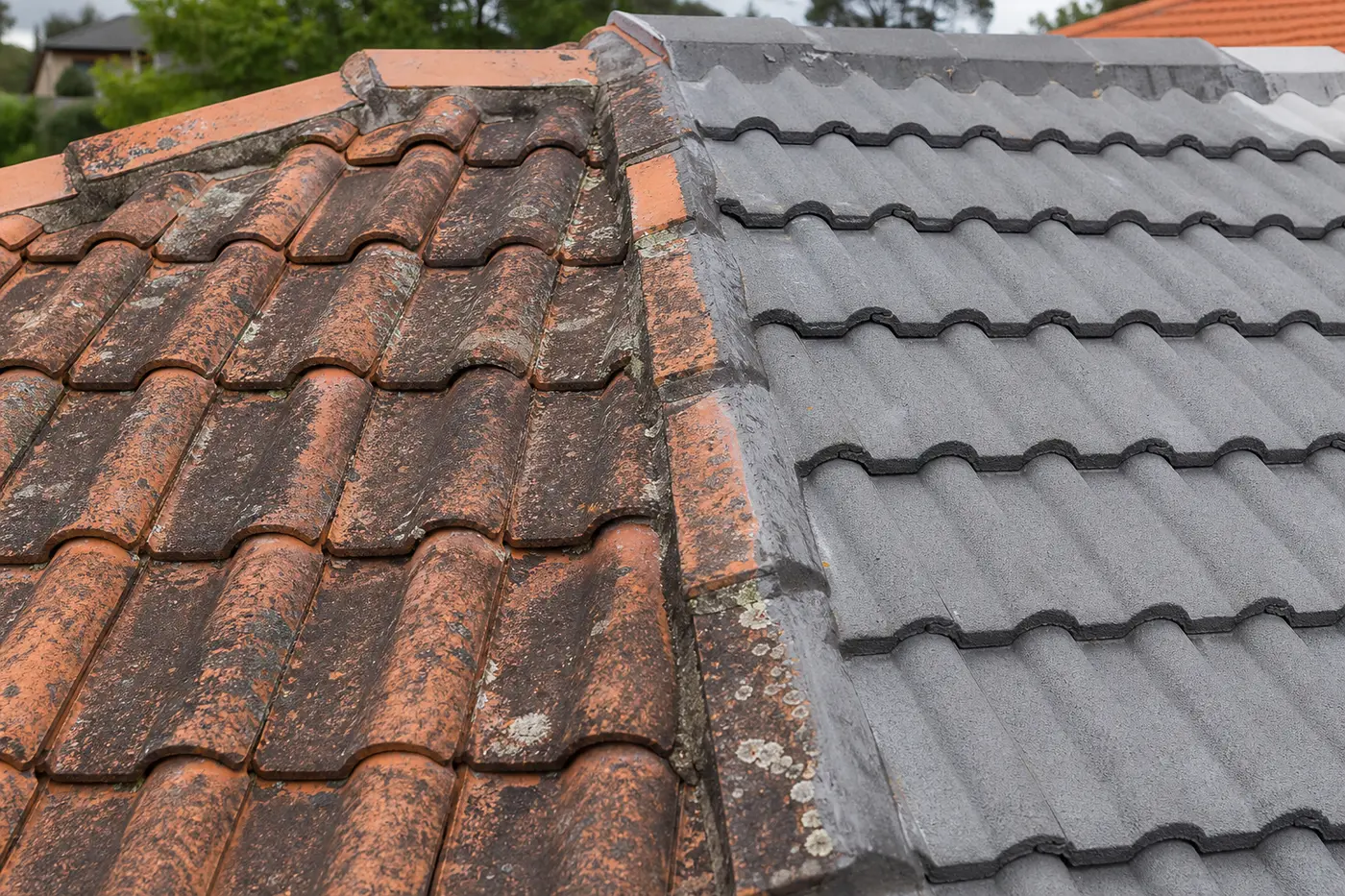 Close-up of a Central Coast roof showing terracotta tiles on one side and concrete tiles on the other