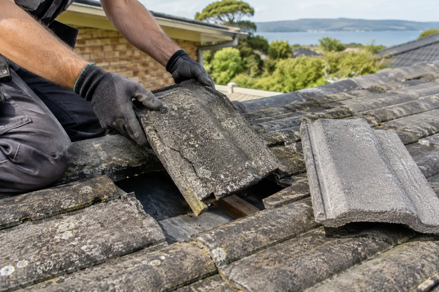 Roofer lifting a cracked concrete tile from a weathered tile roof on a Central Coast home, with a replacement tile beside it