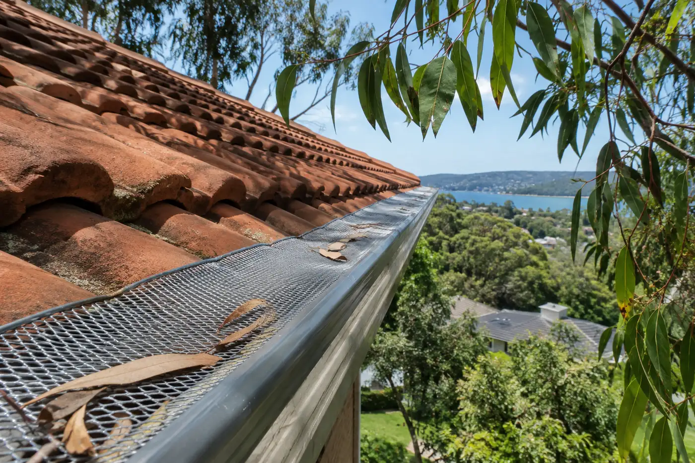 Aluminium mesh gutter guard fitted along the edge of a tiled roof under overhanging gum trees