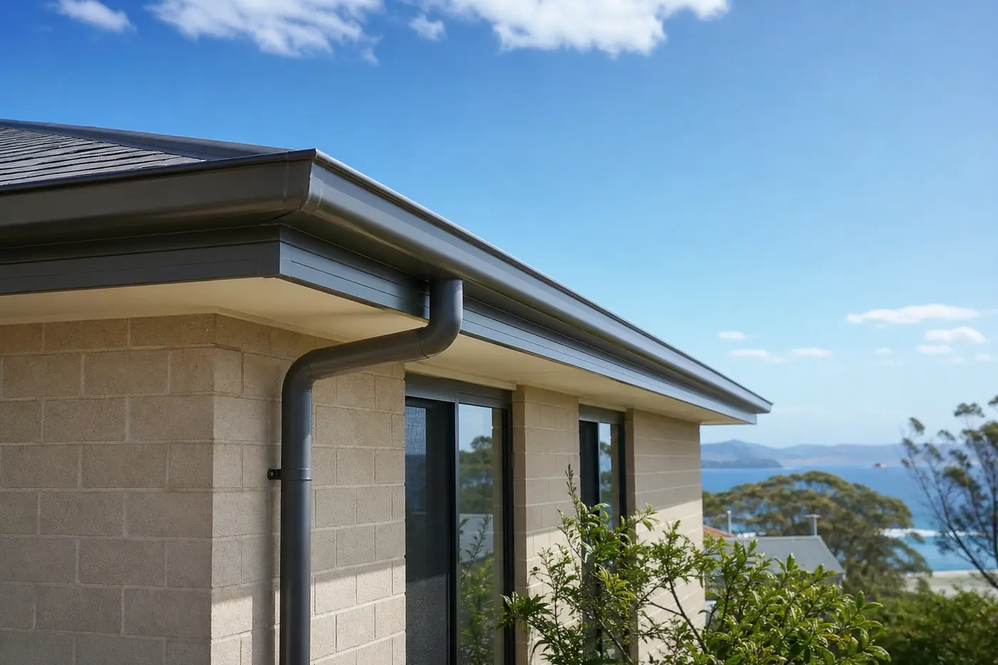 New Colorbond gutters and a downpipe freshly fitted along the eaves of a Central Coast home