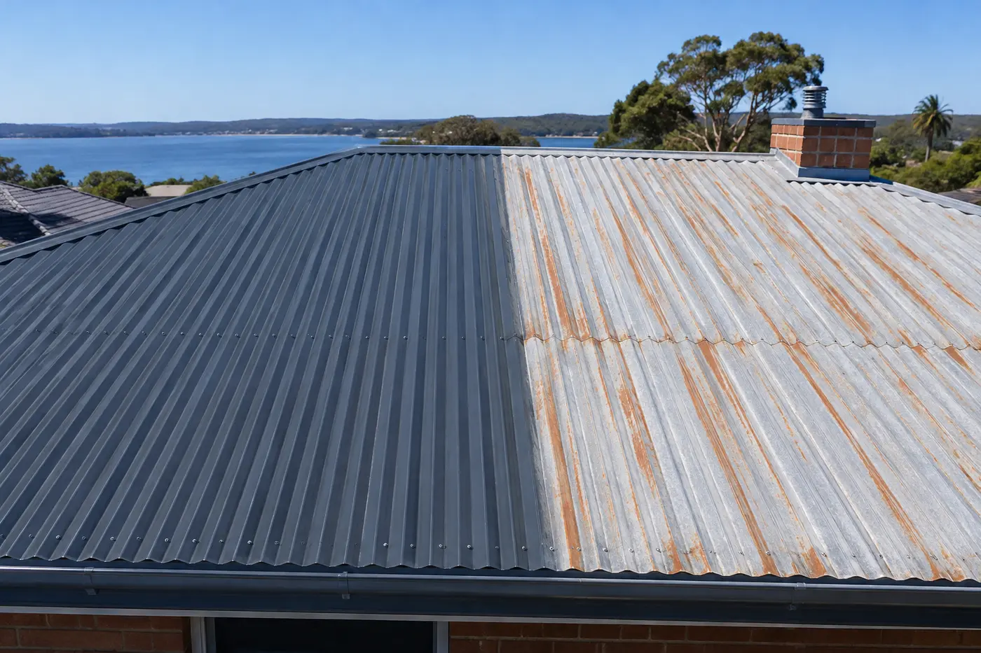 Older Colorbond metal roof on a Central Coast home, part faded and rust streaked and part freshly recoated