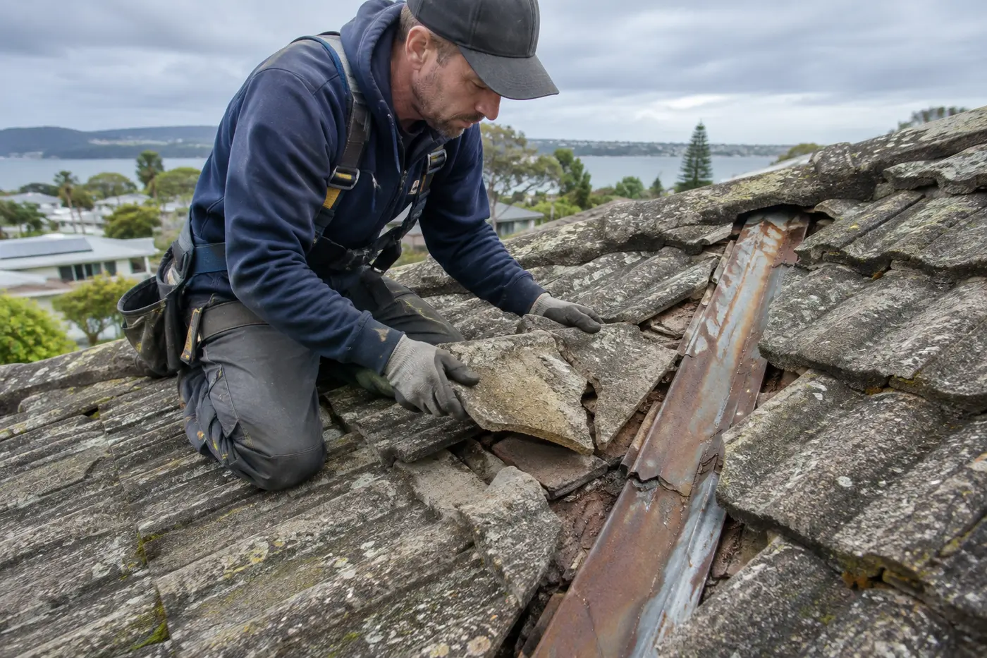 Roofer inspecting cracked tiles and a valley on a Central Coast tiled roof to price a leak repair
