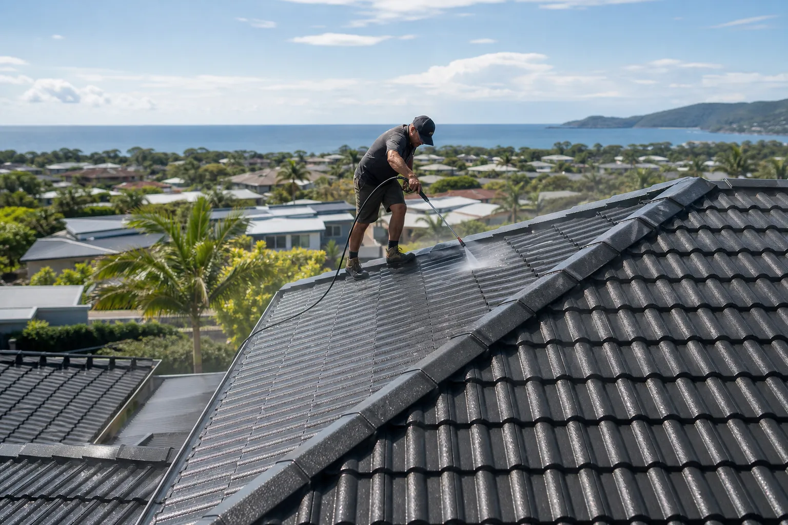Restored tile roof on a Central Coast home with fresh protective coating and repointed ridge caps