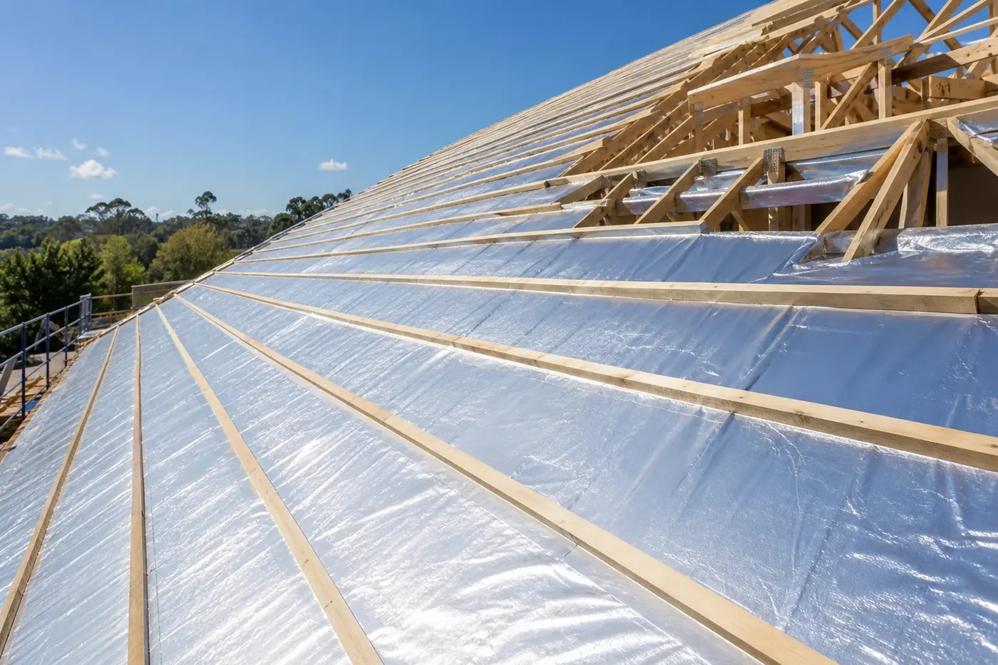 Silver foil roof sarking rolled out across timber roof trusses before the tiles go on, on a Central Coast home
