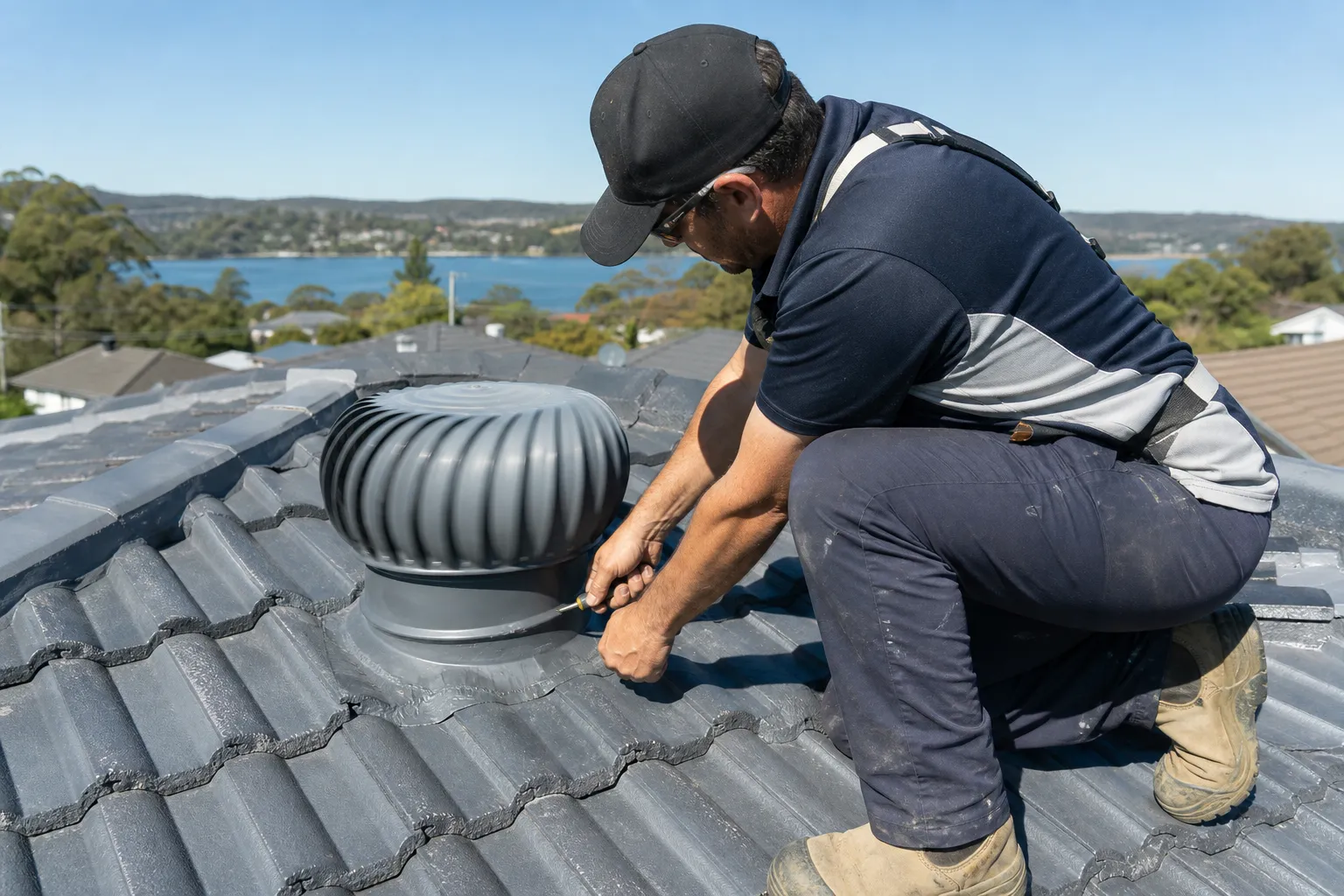 Whirlybird roof vents spinning on a tiled Central Coast home roof under a clear sky