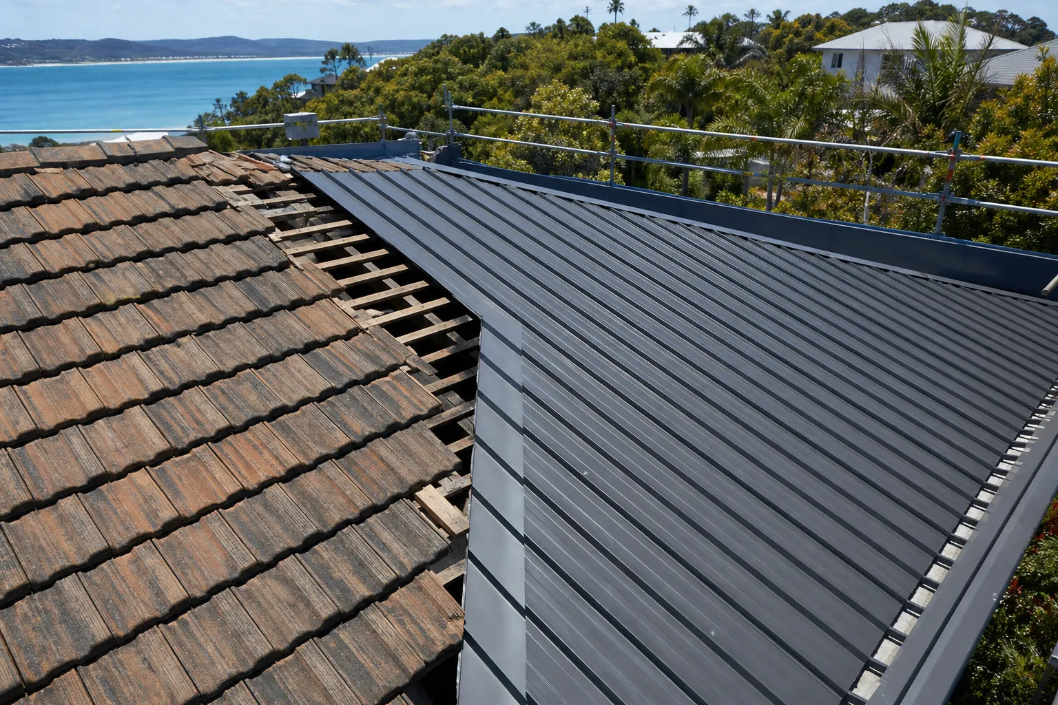 New Colorbond metal roof installed over a Central Coast home during a tile-to-metal conversion