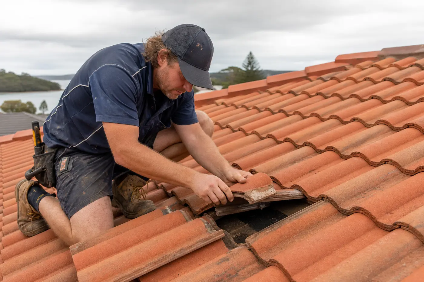 Roofer lifting a cracked tile to trace a leak on a Central Coast tiled roof